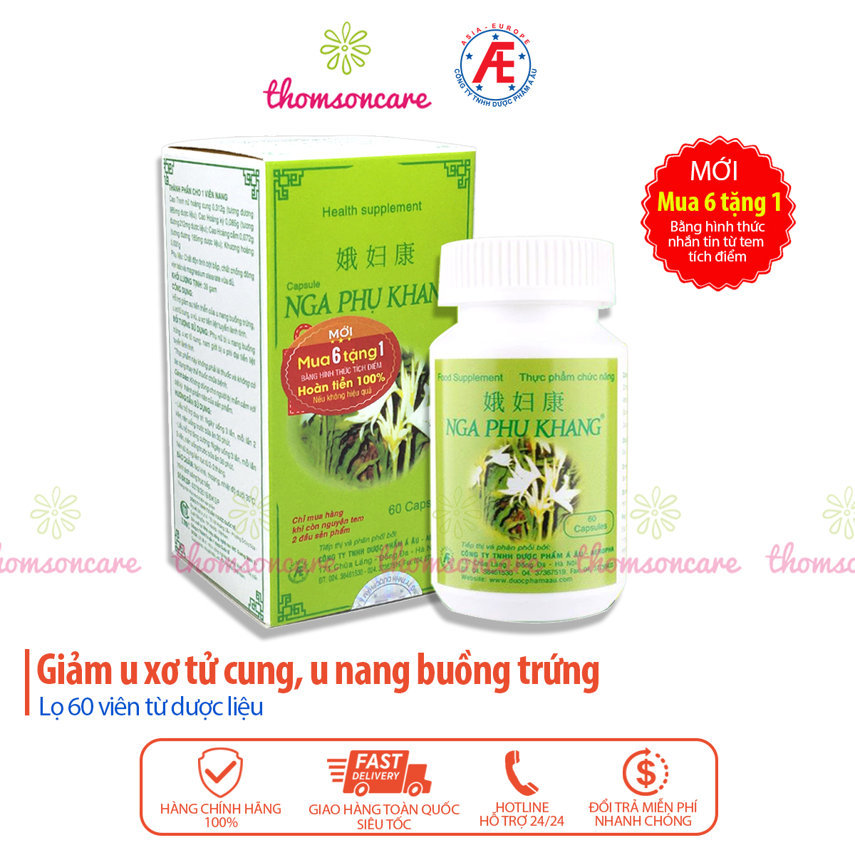 Viên uống Nga Phụ Khang - Mua 6 tặng 1 bằng tem tích điểm - Hỗ trợ giảm U xơ tử cung, u nang buồng trứng từ cây Trinh nữ