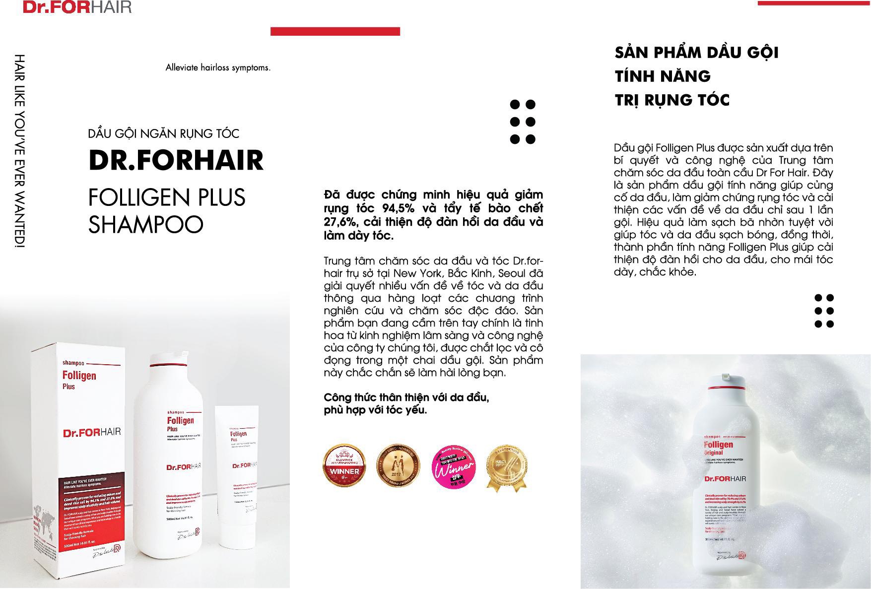 Dầu gội giảm rụng tóc Dr ForHair phục hồi hư tổn nang chân tóc và kích thích mọc tóc - Dr For Hair/Dr.ForHair Folligen Plus Shampoo 500ml