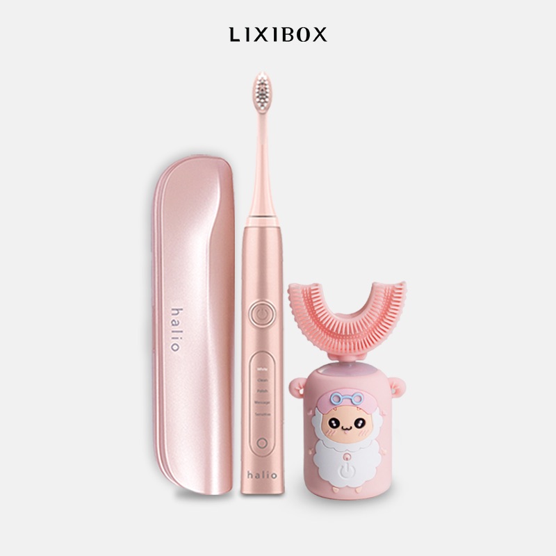 Combo Bàn Chải Đánh Răng Điện Chữ U Cho Bé Pink và Bàn chải điện Halio Rose Gold