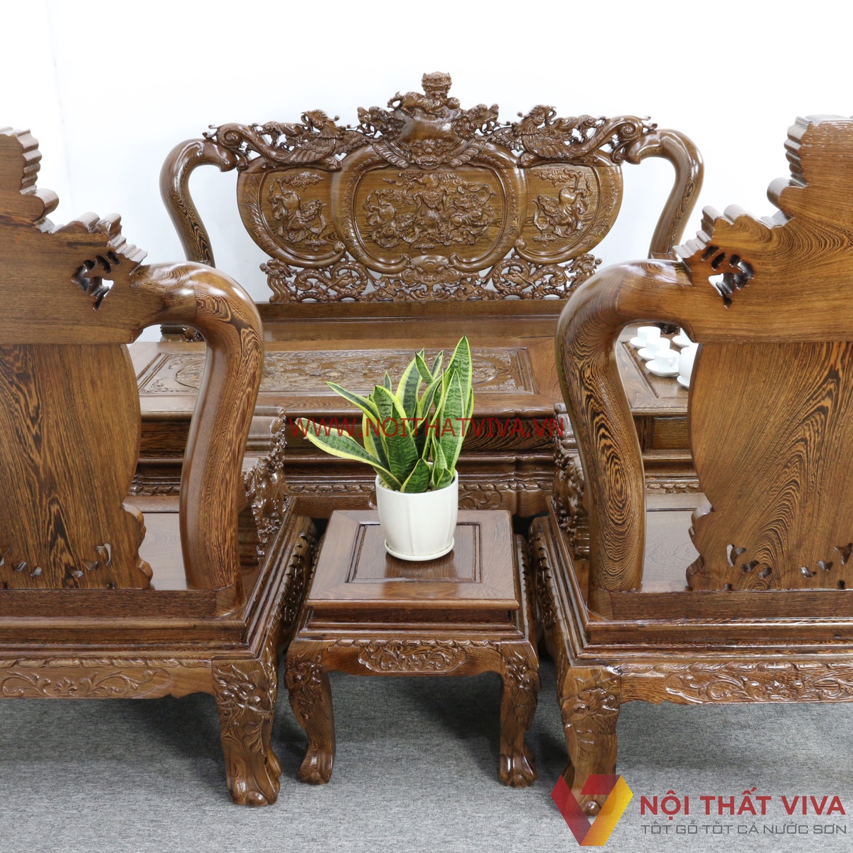 Bộ Bàn Ghế Salon Gỗ Mun Tay 10 Chạm Nghê 6 Món Cao Cấp Sang Trọng