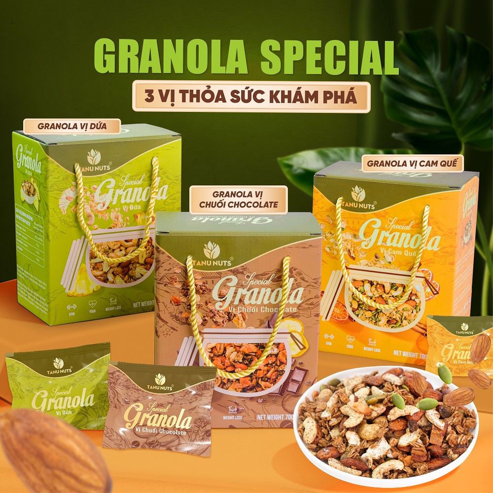 Ngũ cốc granola siêu hạt Special TANU NUTS túi nhỏ tiện lợi mix hạt dinh dưỡng tốt cho bà bầu, ăn kiêng giảm cân