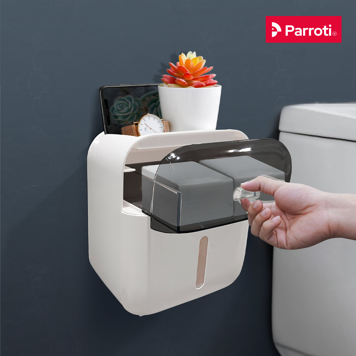 Hộp đựng giấy vệ sinh cao cấp, có khay để điện thoại, có khay để đồ cá nhân - Parroti Rebox - RB01