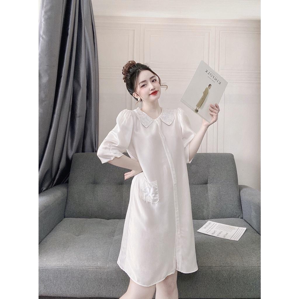 Đầm ngủ tiểu thư cổ thêu hoa Hoàng Tình Store, chất liệu lụa satin cao cấp mềm mịn mát, freesize 40-65kg tùy chiều cao