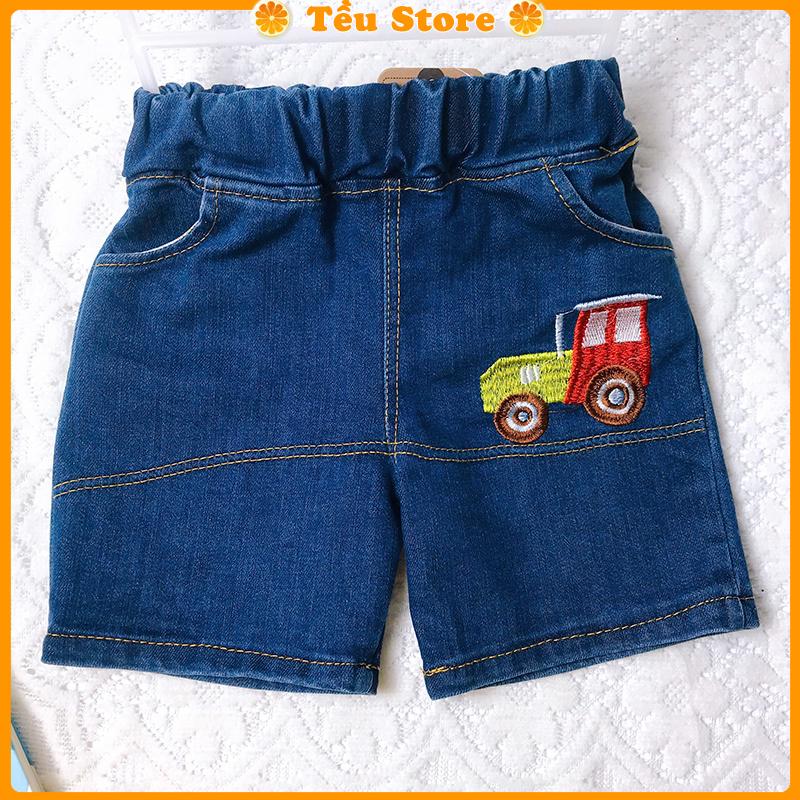 Quần Short Bé Trai &amp; Bé Gái Chất Bò Jean Mềm Thêu Xe Size 7 - 18kg Đủ Size Cho Bé 0 - 6 Tuổi