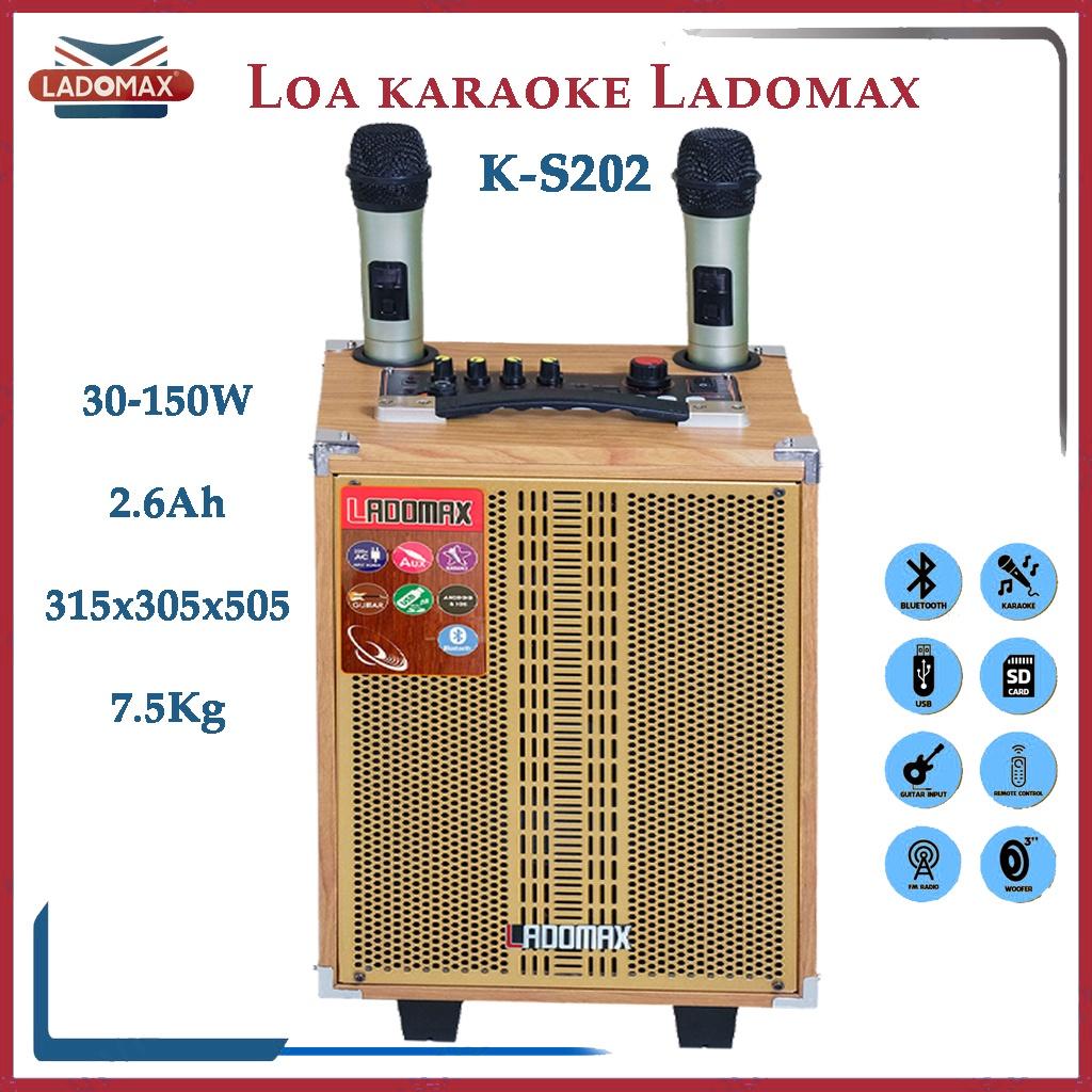 Loa kéo Bluetooth Ladomax K-S202 - 150W kèm 2 mic cao cấp - Hàng chính hãng