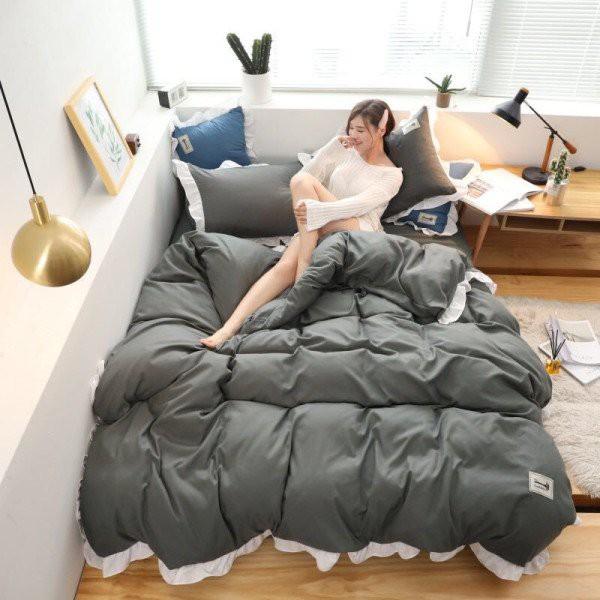 Bộ Chăn Ga Gối Cotton Đũi Viền Bèo - Ghi Đậm Viền Trắng