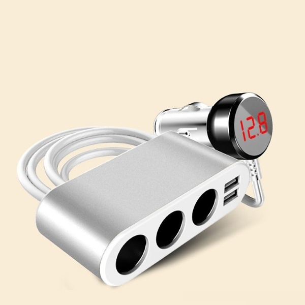 Bộ chia tẩu sạc đa năng trên ô tô tích hợp 3 tẩu cắm sạc và 2 cổng USB và đồng hồ báo điện áp M08 ( Tặng kèm miếng thép để ví 11in1 )