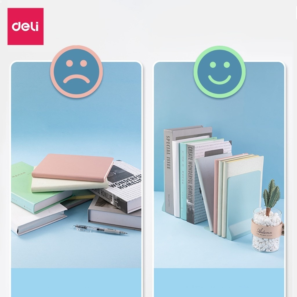 Giá Chặn Sách Bằng Nhựa Deli Kệ Đỡ Sách (Gồm 2 Chiếc) Để Bàn Màu Sắc Pastel Có Đường Gân Chịu Lực Nhỏ Gọn