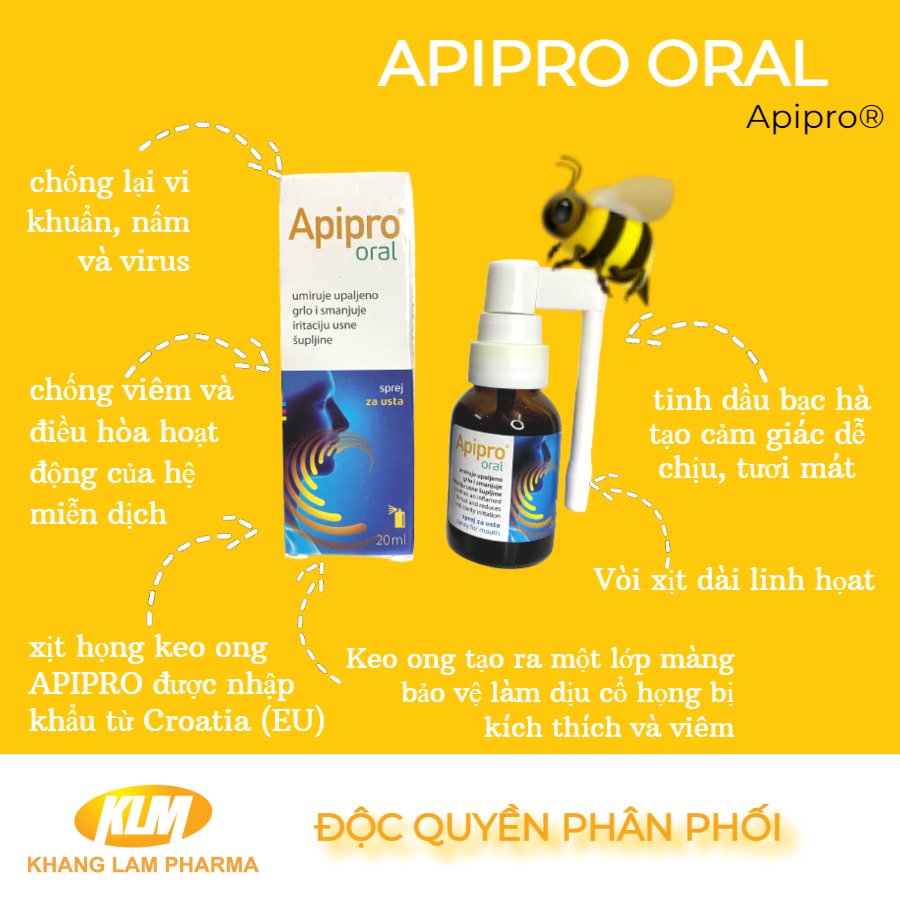 Xịt họng keo ong kháng khuẩn Apipro Oral - nhập khẩu Châu Âu (20 ml)