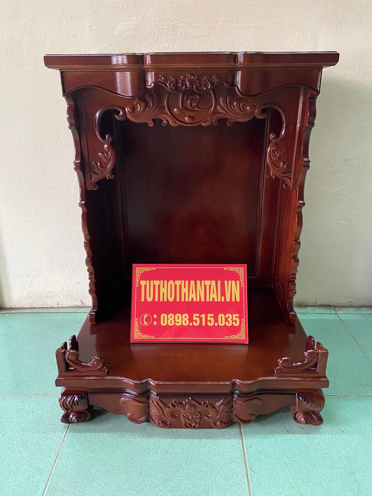 Bàn thờ thần tài ông địa mẫu hiện đại đình cong 60 x 81cm - Gỗ Gõ Đỏ