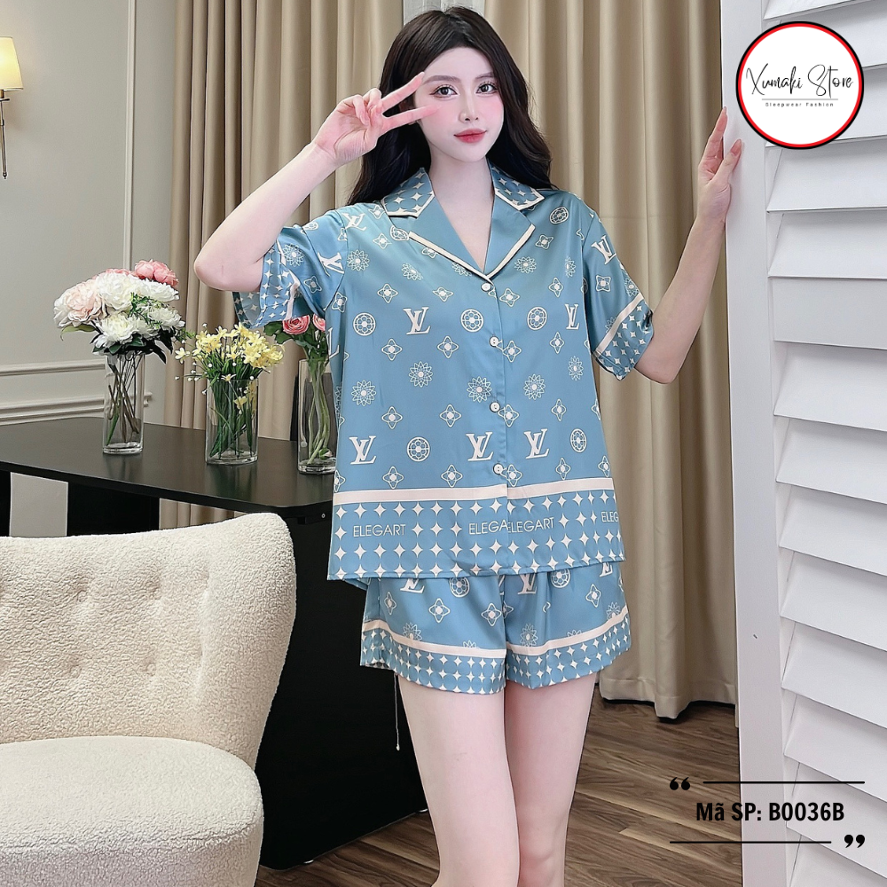 Bộ pijama áo cộc quần đùi hoạ tiết chữ nhiều màu chất lụa cao cấp Xumaki Store BO036B