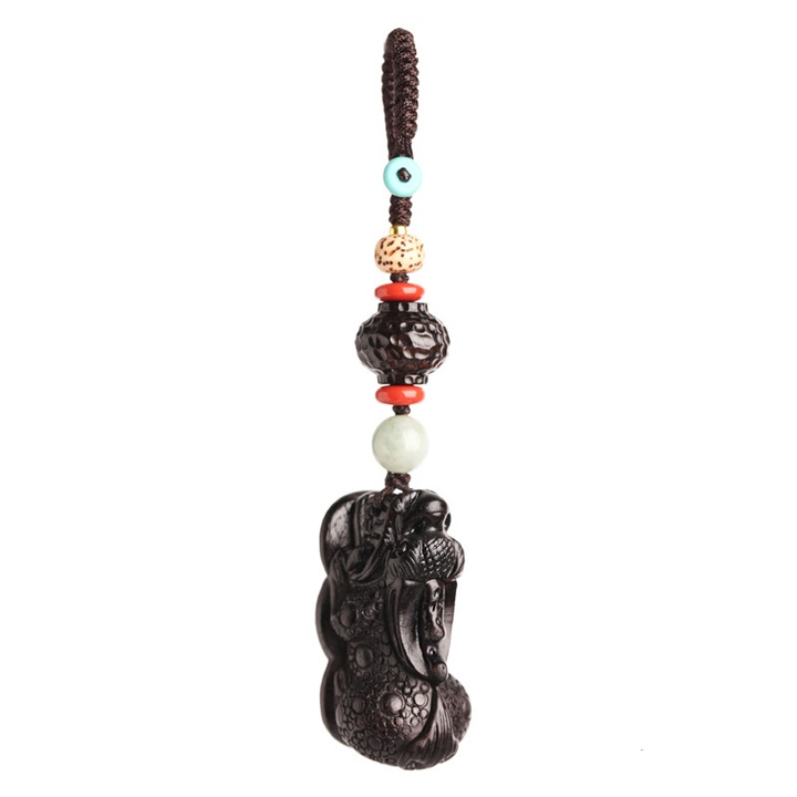 Dây treo phong thủy trên ô tô, Móc treo trang trí ô tô kỳ lân phong thủy bằng gỗ mun PKXH-170