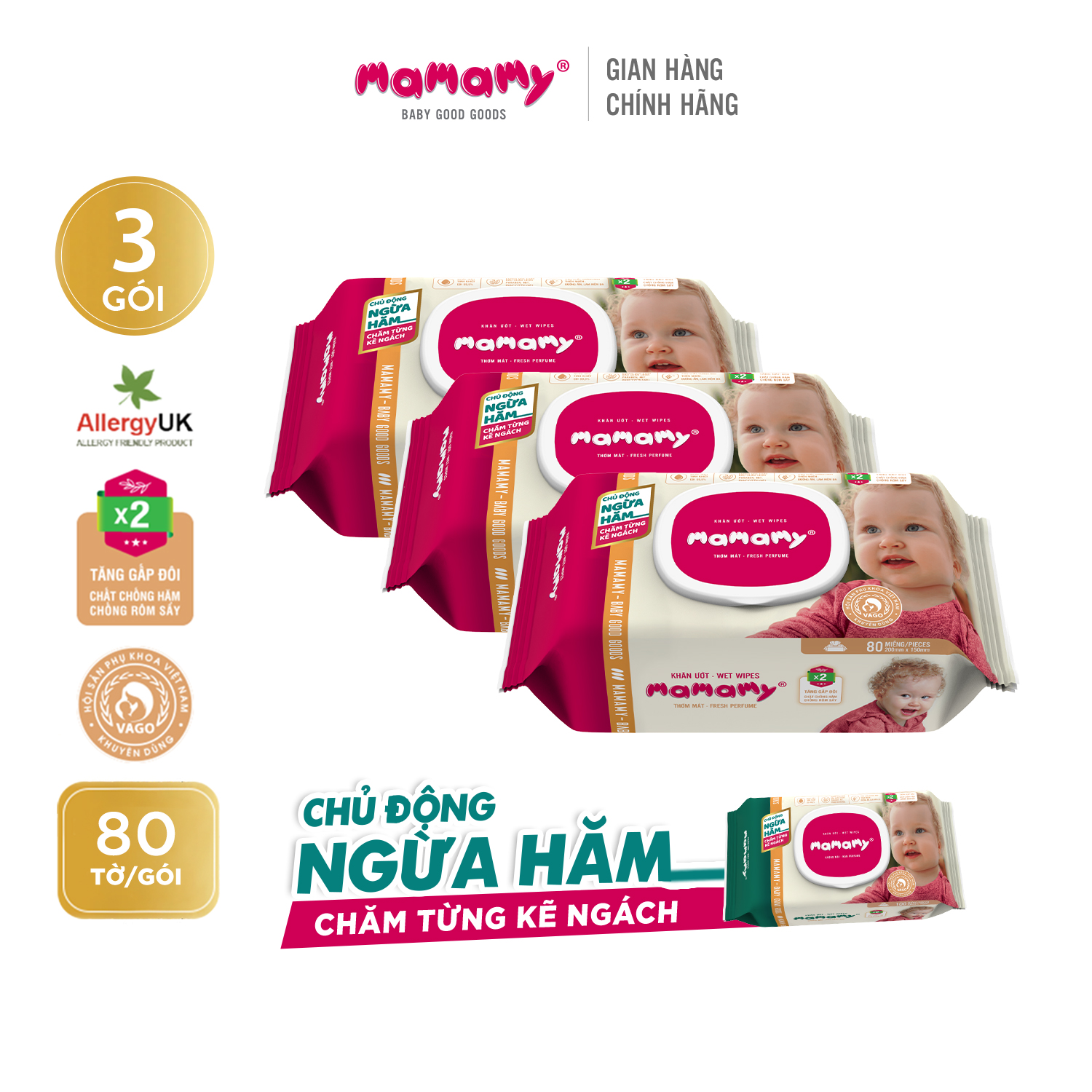 Combo 3 gói khăn ướt ngừa hăm, rôm sảy Mamamy 80 tờ/gói, kháng khuẩn, an toàn cho trẻ sơ sinh