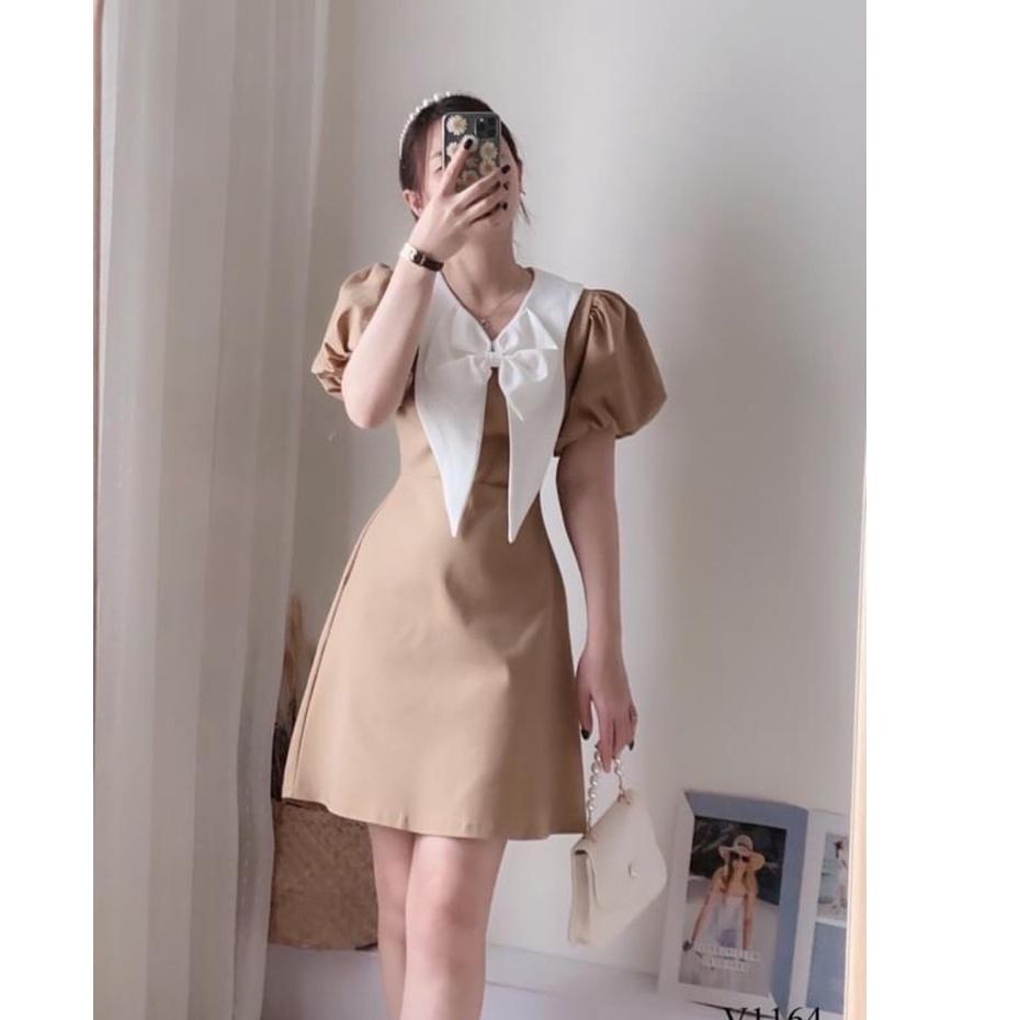 Váy nữ màu be, tay bồng, kèm nơ cách điệu, đi chơi, đi làm đều ok