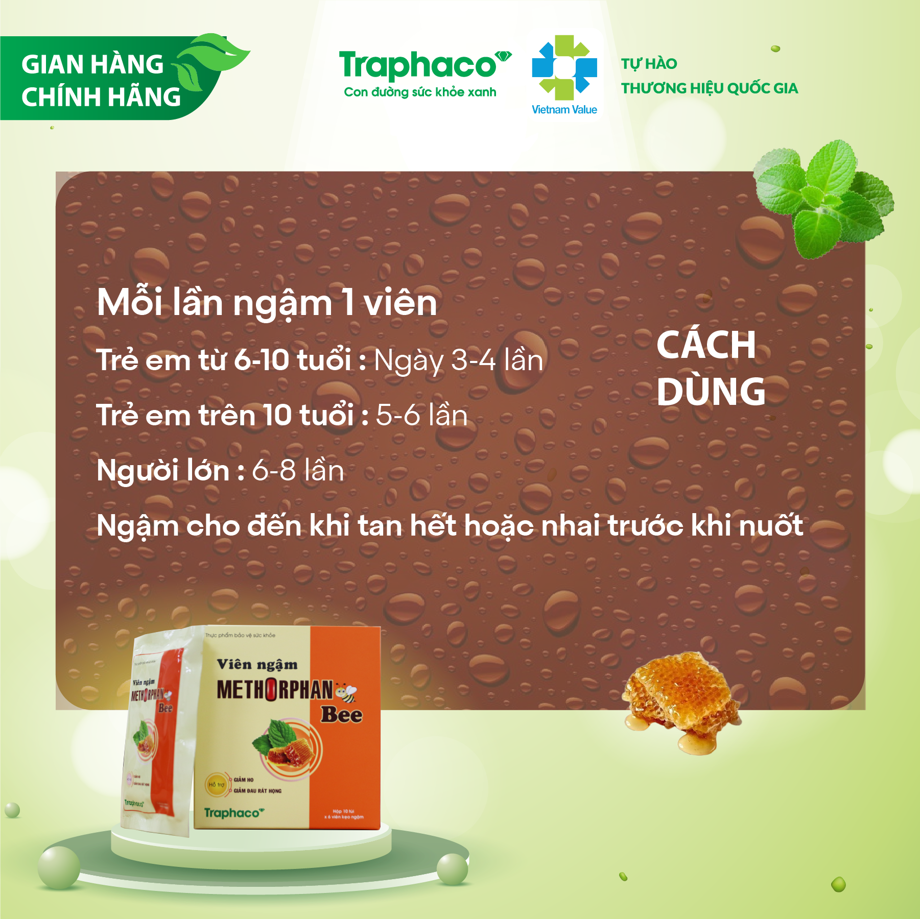 Viên Ngậm Ho Methorphan Bee Traphaco Giảm Ho, Đau Rát Họng, Khản Tiếng Cho Người Lớn Và Trẻ Em Hộp 10 Túi