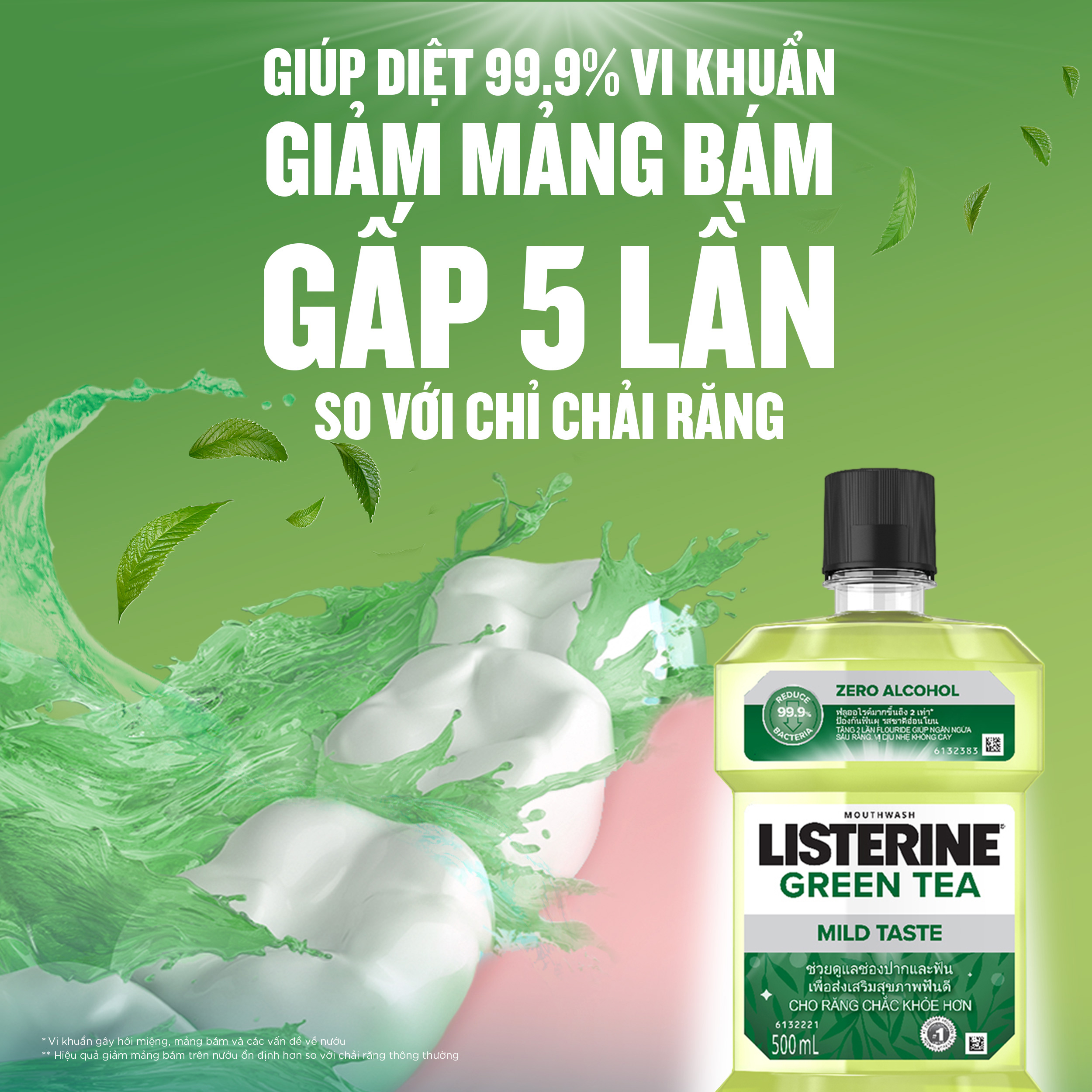 Nước súc miệng ngừa sâu răng vị trà xanh không cay Listerine Natural Green Tea 500ml - 100953223