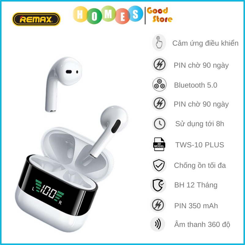 Tai nghe True Wireless Remax TWS-10 Plus Cao Cấp, Màn Hình LED, Thời Gian Nghe 8 Tiếng, Bluetooth 5.0, Âm Thanh Vòm - Hàng Chính Hãng