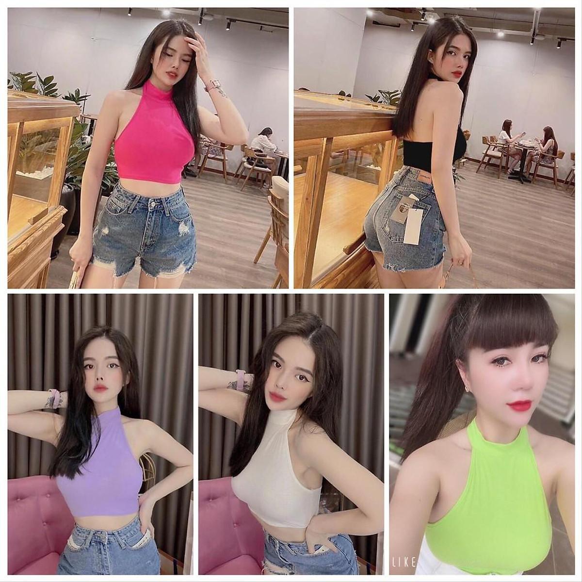 Áo Croptop cổ yếm Hở Lưng Nhiều màu - Xanh