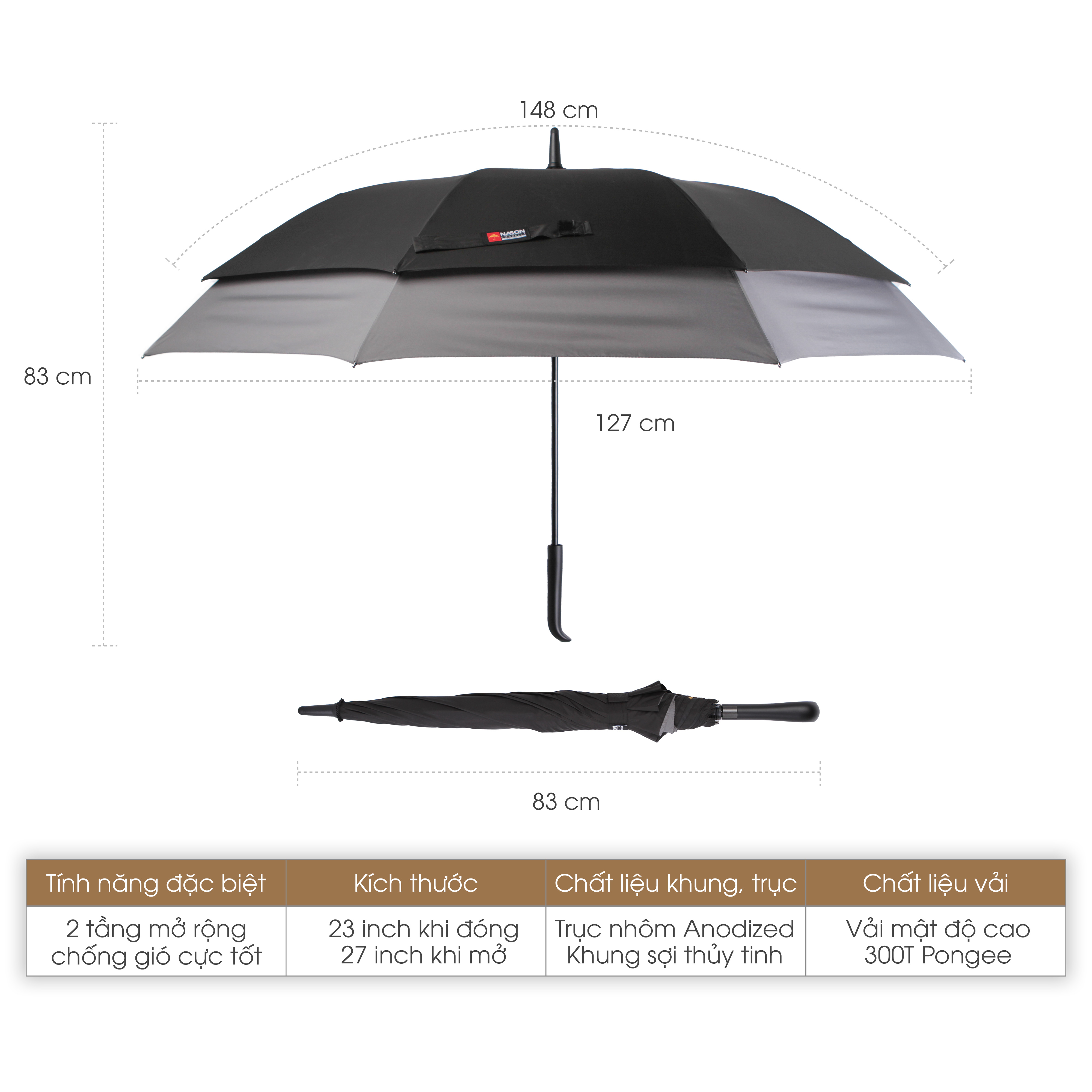 Ô dù Golf 2 tầng mở rộng Nason Umbrella Extension thiết kế độc đáo, 23 inch khi đóng, 27 inch khi mở, chống gió cấp 7