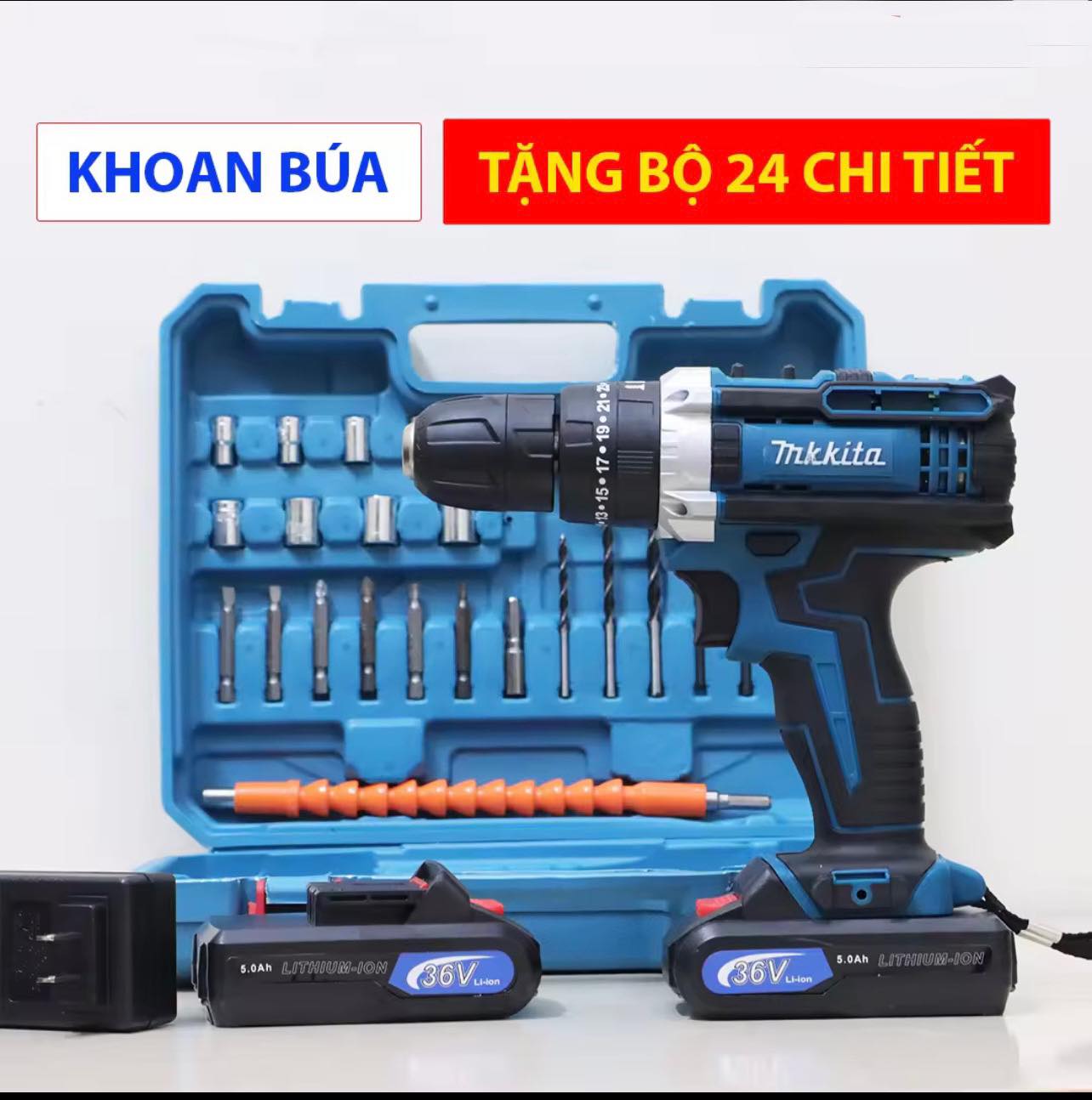 MÁY KHOAN PIN MA.Kl.TA 36V 3 CHỨC NĂNG 2 PIN KÈM 24 PHỤ KIỆN CÓ CÂN BẰNG THỦY LỰC