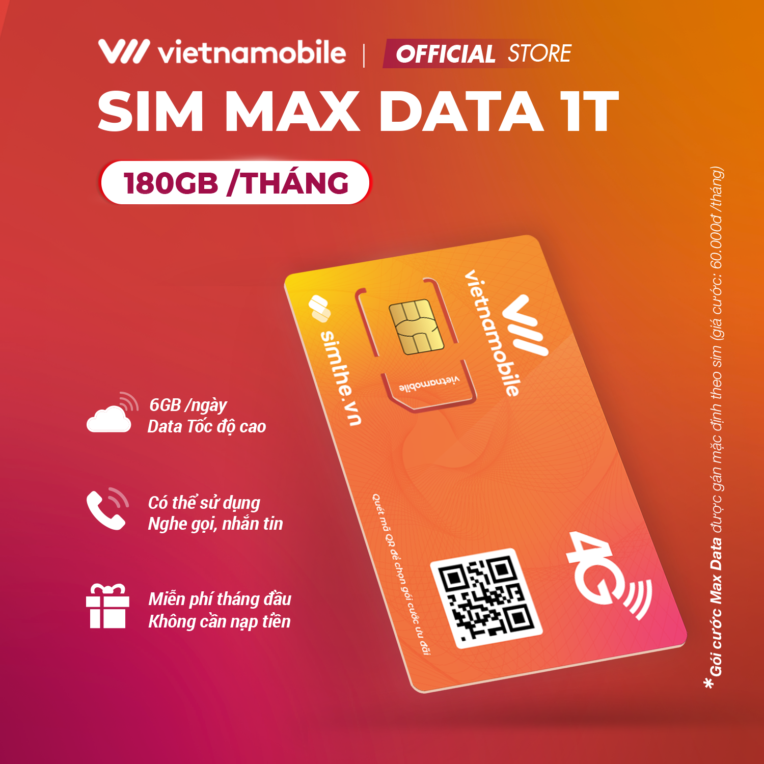 FREE 1 Tháng Sim MAX DATA 4G VIETNAMOBILE 6GBNgày - 180GBTháng. Sản Phẩm Độc Quyền VIETNAMOBILE - SIMTHE.VN. Dùng Trên Toàn Quốc - Hàng Chính Hãng - Đầu Số 05x