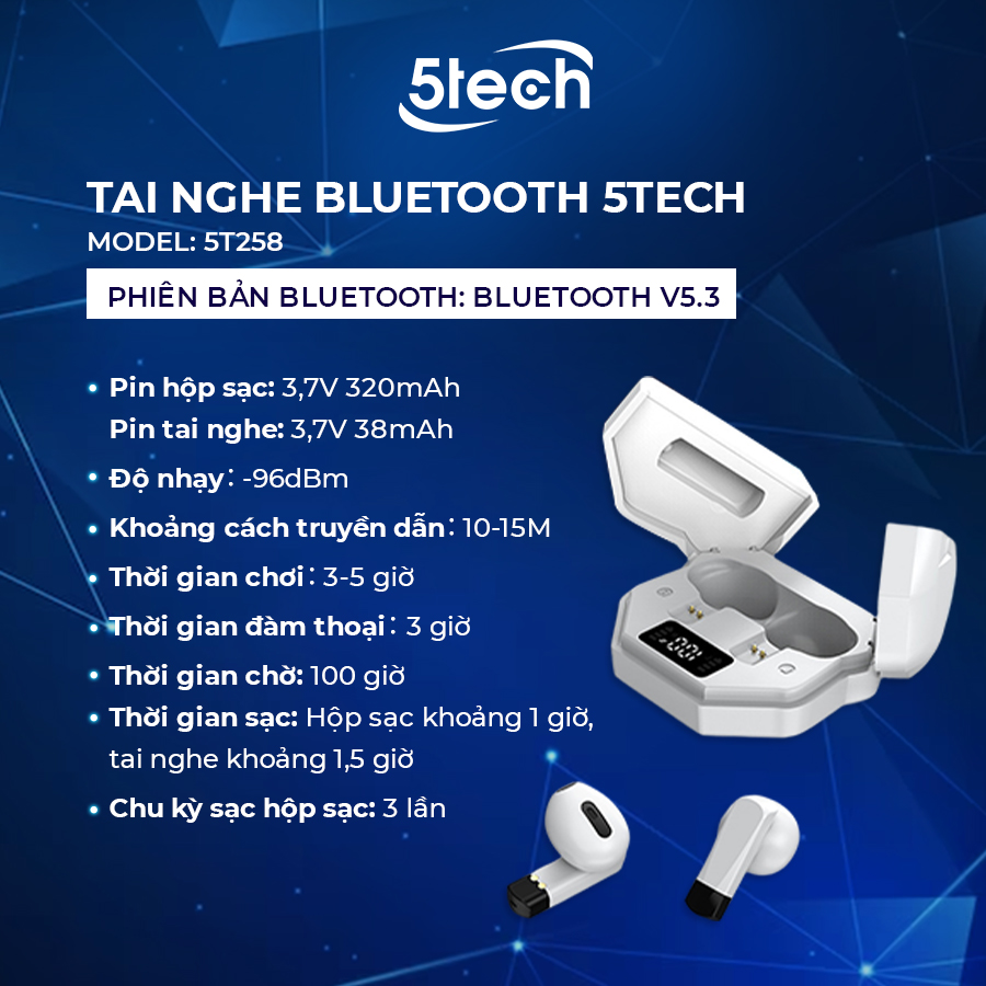 Tai nghe bluetooth 5TECH không dây hàng chính hãng, tai phone nhét tai TWS 5.0 kết nối nhanh, ổn định, màn hình LED nghe nhạc chơi game âm thanh cực đỉnh 