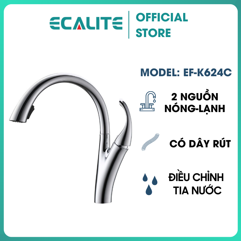 Vòi Rửa Chén Nóng Lạnh Pan-tree Ecalite EF-K624C - Có Dây Rút - Điều Chỉnh Tia Nước - Đồng Mạ Chrome Cực Đẹp - Hàng Chính Hãng