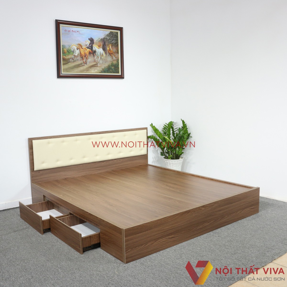 Giường Ngủ Gỗ Mdf Phủ Melamine Bọc Nệm Có Ngăn Kéo Màu Óc Chó + Trắng