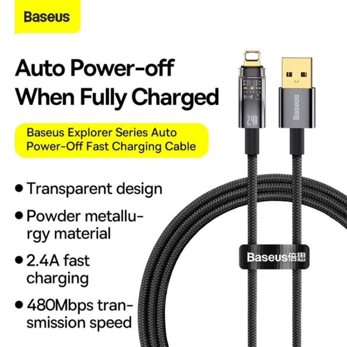 Cáp sạc tự ngắt Baseus Explorer Series Auto Power-Off Fast Charging Data Cable USB to IP 2.4A sạc nhanh, truyền dữ liệu 480 Mbps cho I-phone CATS000501- Hàng chính hãng