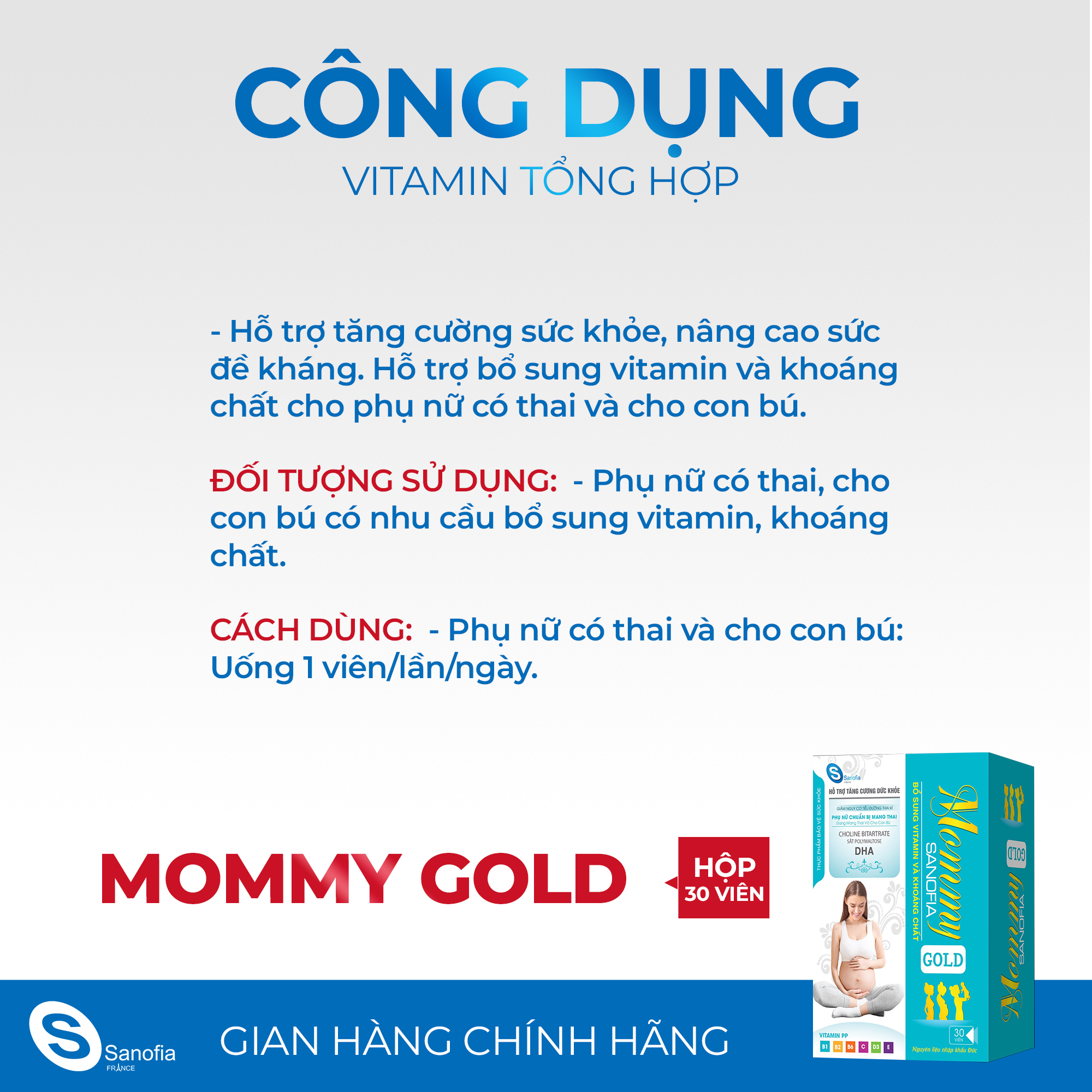 Vitamin bà bầu Mommy Gold Sanofia - Bổ sung vitamin và khoáng chất giúp mẹ bầu và thai nhi khỏe mạnh- Hộp 30 viên Thomsoncare