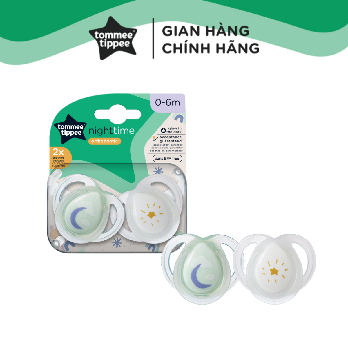Ty Ngậm Dạ Quang Cho Bé Tommee Tippee 0-6 Tháng - Night Time – Trăng Xanh