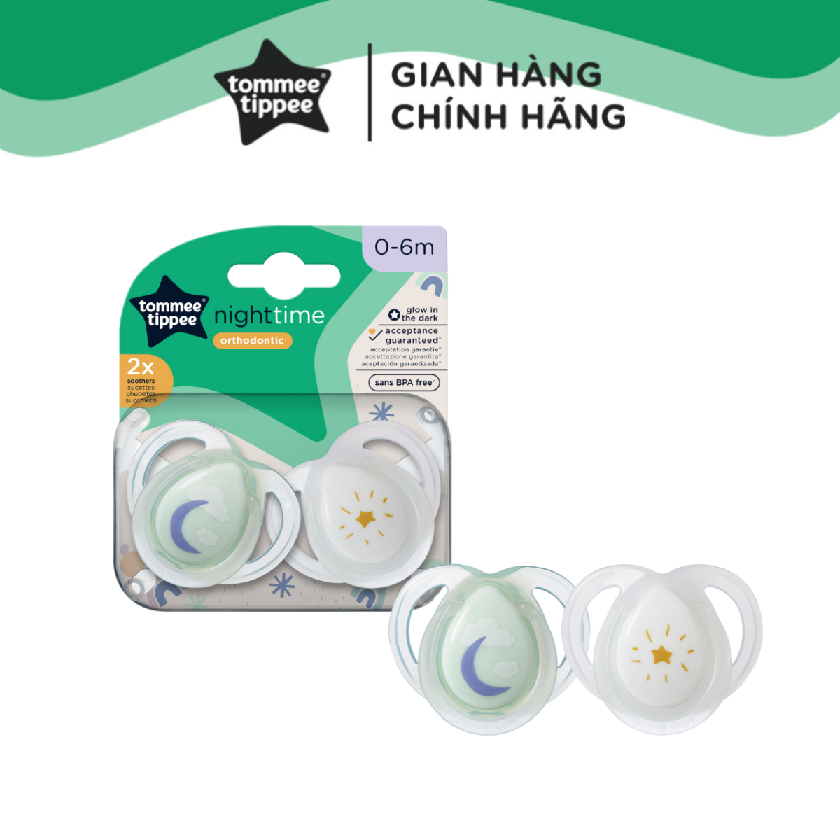 Ty Ngậm Dạ Quang Cho Bé Tommee Tippee 0-6 Tháng (Vỉ Đôi) - Night Time – Trăng Xanh