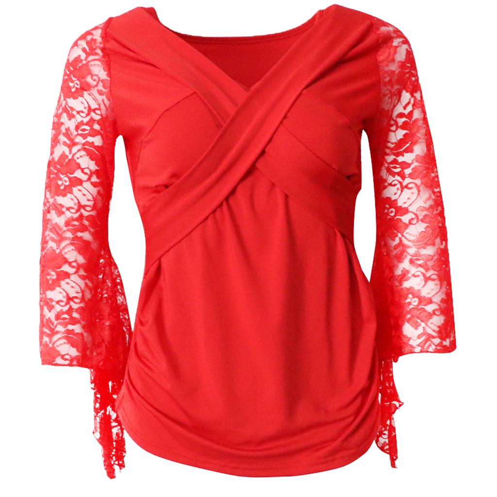 Ballroom Flamenco Latin Dance Blouse Square Dance V Neck Lace Sleeve Tops Women Dancewear Costumes