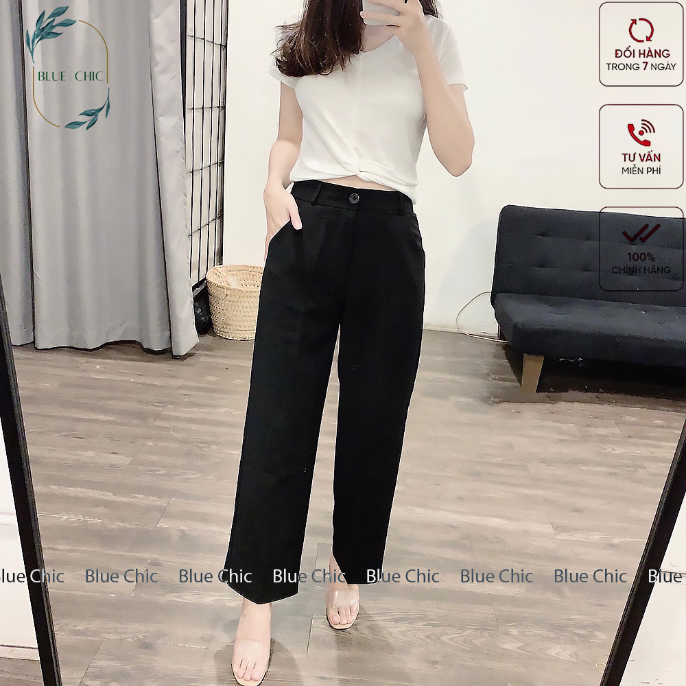 Quần ống rộng Blue Chic lưng cạp cao baggy vải nữ dài suông loe culottes xuông màu đen