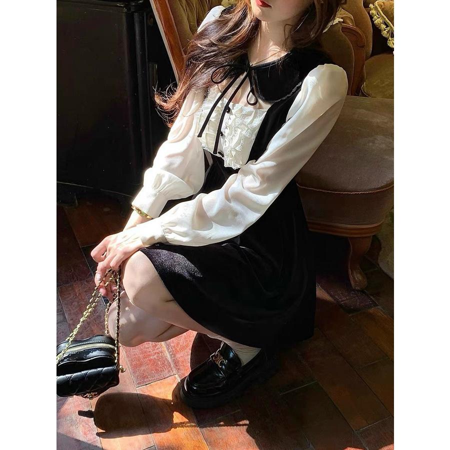 Đầm đen phối tay trắng cố sen thắt nơ vintage công sở công chúa tiểu thư dịu dàng dự tiệc