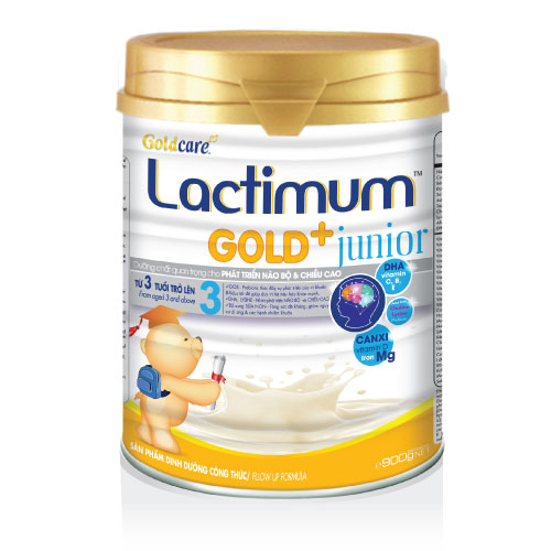 Dinh dưỡng công thức Lactimum GOLD+ junior LON 900: Dinh dưỡng dành cho trẻ từ 3 tuổi trở lên; với sự kết hợp prebiotics &amp; probiotics cùng với (2’-FL HMO) giúp hỗ trợ hệ tiêu hóa, DHA và LUTEIN giúp phát triển trí não và chiều cao