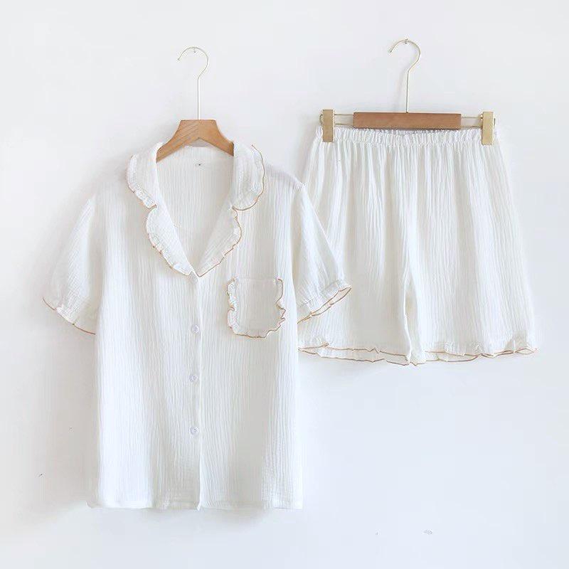 Bộ pyjama bèo nữ mùa hè, Bộ mặc nhà đùi Xô Muslin cộc tay trơn TH01