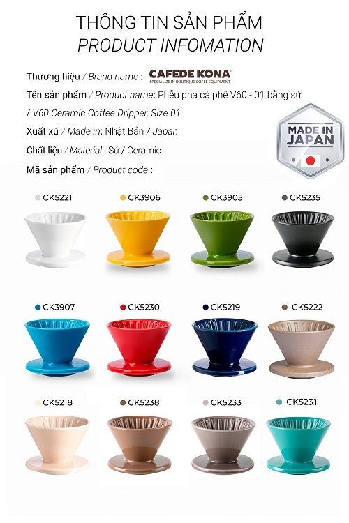 Phễu Pour over V60 01 sứ Hasami Nhật Bản CAFE DE KONA