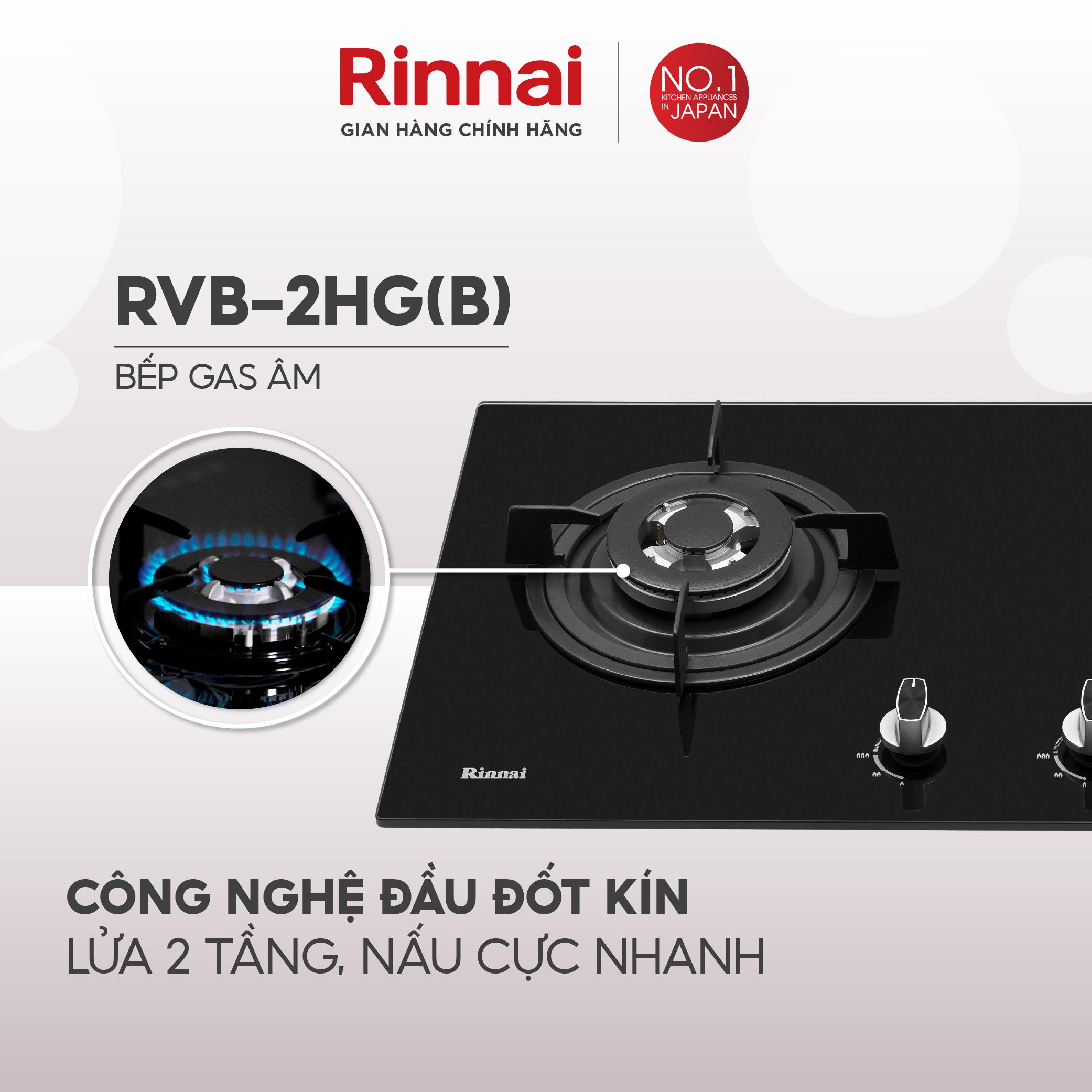 Bếp gas âm Rinnai RVB-2HG mặt bếp kính kiềng bếp gang - Hàng chính hãng.