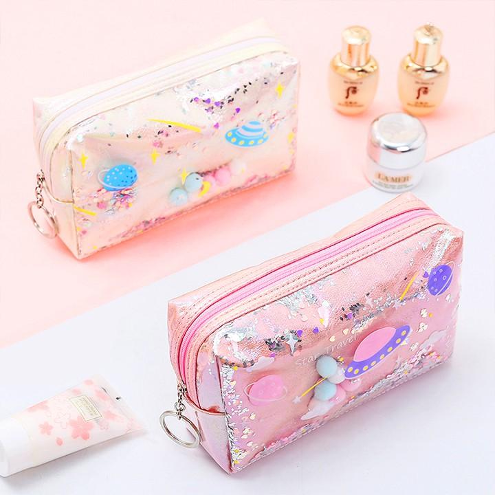 Hộp bút siêu rộng hình vũ trụ chống thấm phối hạt sequin lấp lánh chuyển động họa tiết in laser sắc nét – H045
