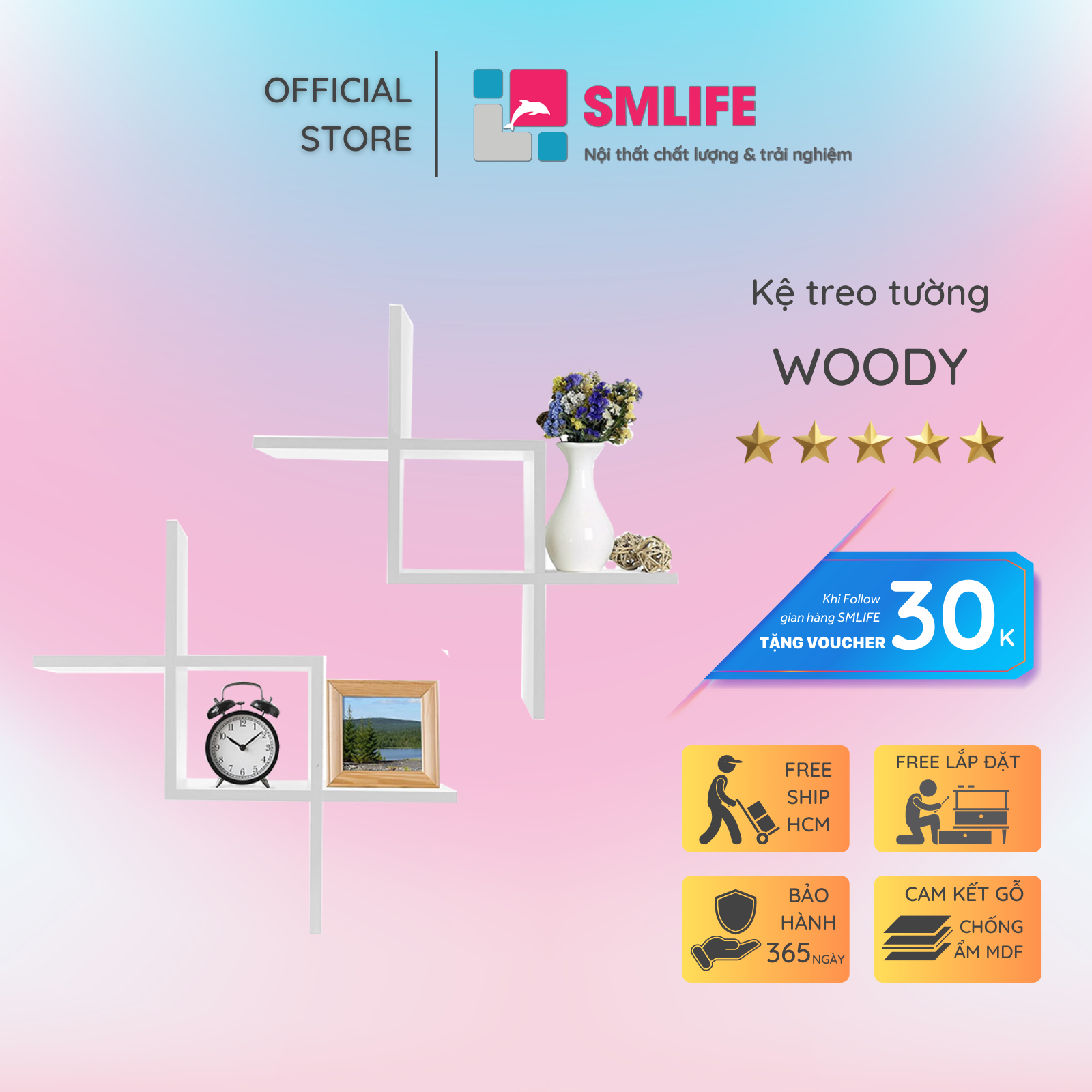 Kệ gỗ treo tường trang trí hiện đại SMLIFE Woody | Gỗ MDF dày 17mm chống ẩm | D48.5xR15xC48.5cm