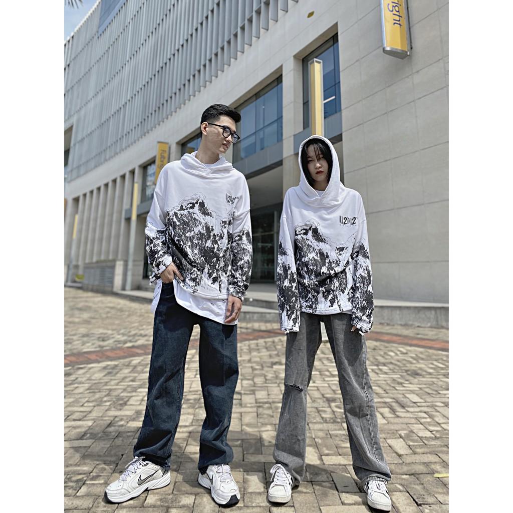 Hoodie/ Áo Hoodie / Áo Hoodie Nam Nữ Tay Dài Màu Trắng In Full Họa TIết Núi - Ủn Ủn Meo Meo