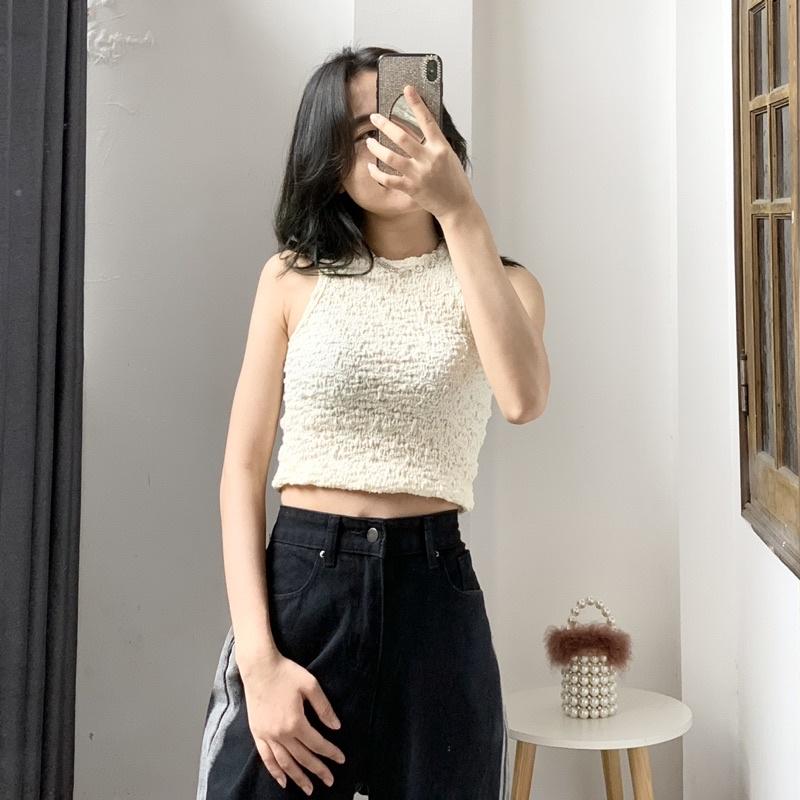 Áo ba lỗ nữ croptop dáng ôm body chất xốp nhăn co dãn 4 chiều hàng Quảng Châu cao cấp