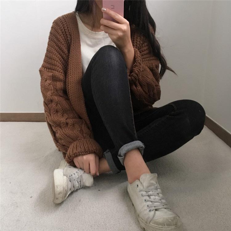 MS335 Áo khoác len cardigan dệt kim sợi to tay vặn thừng
