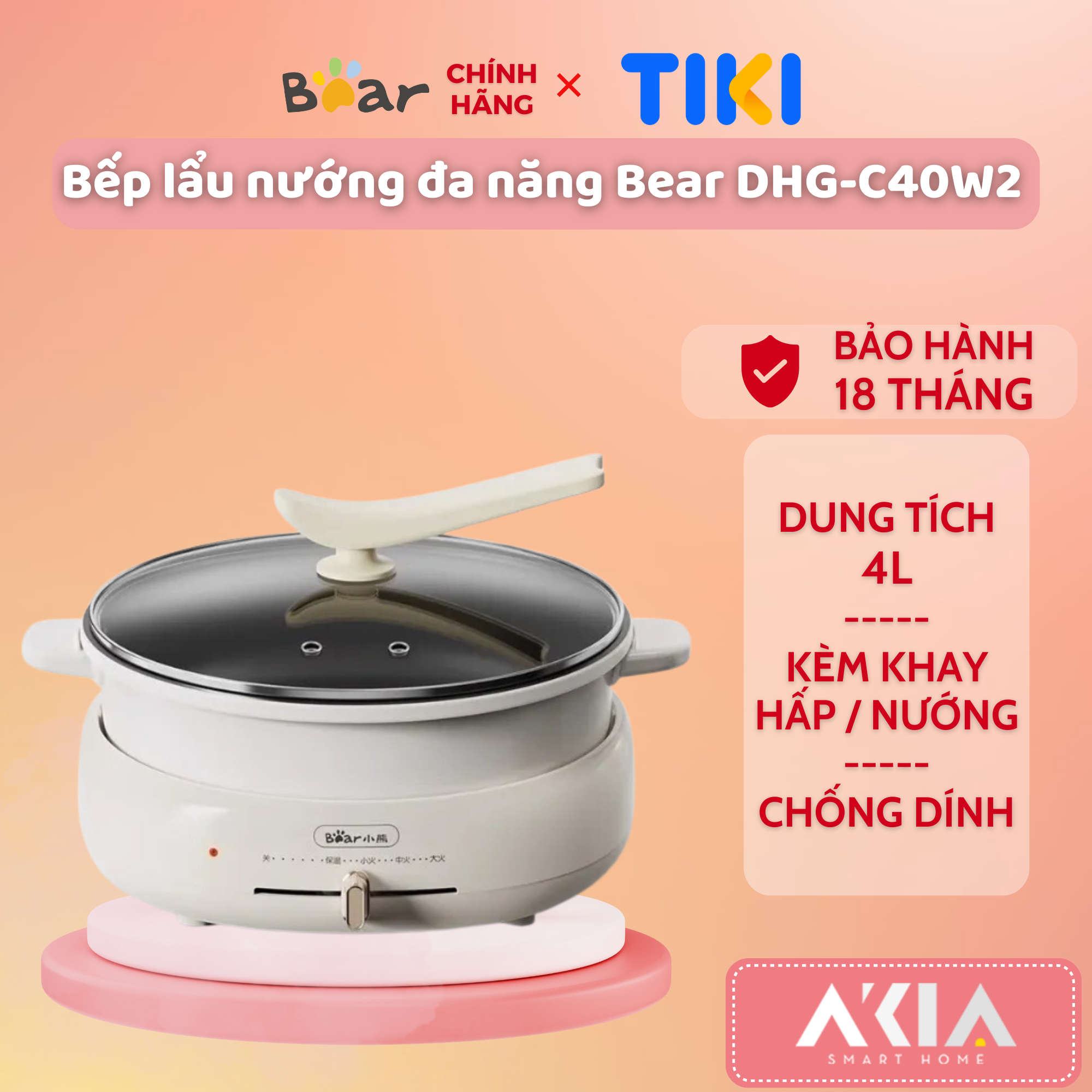 Nồi lẩu nướng đa năng Bear DHG-C40W2, 3 khay in 1, dung tích 4L, chống dính tốt, kèm khay hấp - HÀNG CHÍNH HÃNG