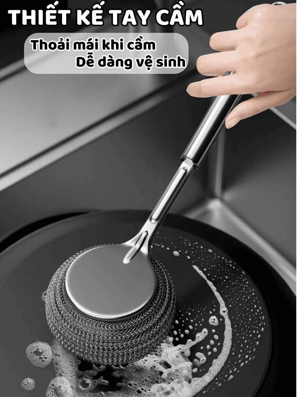Cọ Rửa Nồi Cán Dài Inox Không Gỉ Đầu Búi Thép Tháo Rời Thay Thế Được Chà Sạch Vết Bẩn Cứng Đầu - HÀNG CHÍNH HÃNG MINIIN