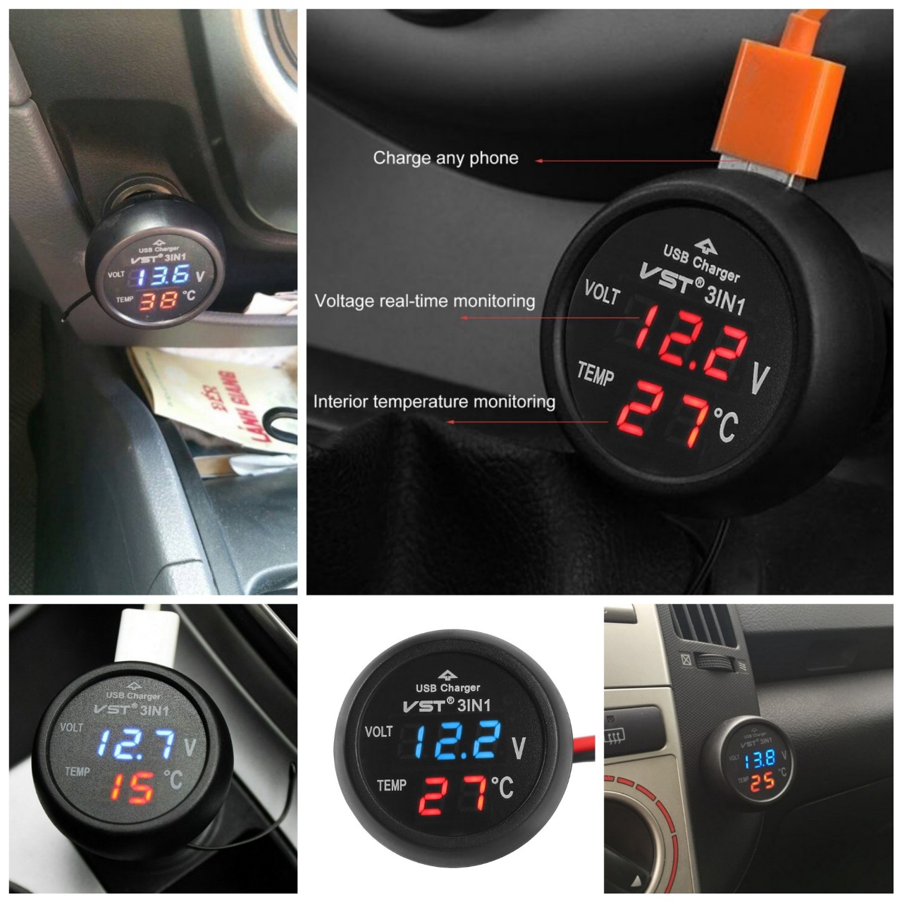 Đồng hồ báo vôn nhiệt độ, cốc tẩu sạc nhanh ô tô xe hơi 3in1 đa năng mẫu mới loại tốt