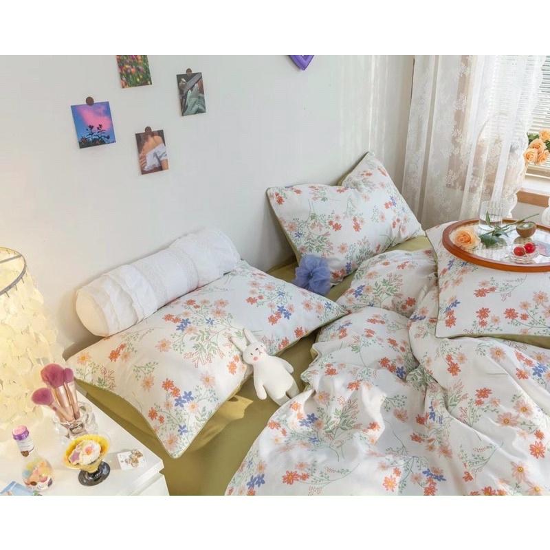 Set Chăn Ga Gối Côtton Living 100%cotton Hàng Nhập Khẩu Cao Cấp 4 Món Hoa Trắng Ga Xanh