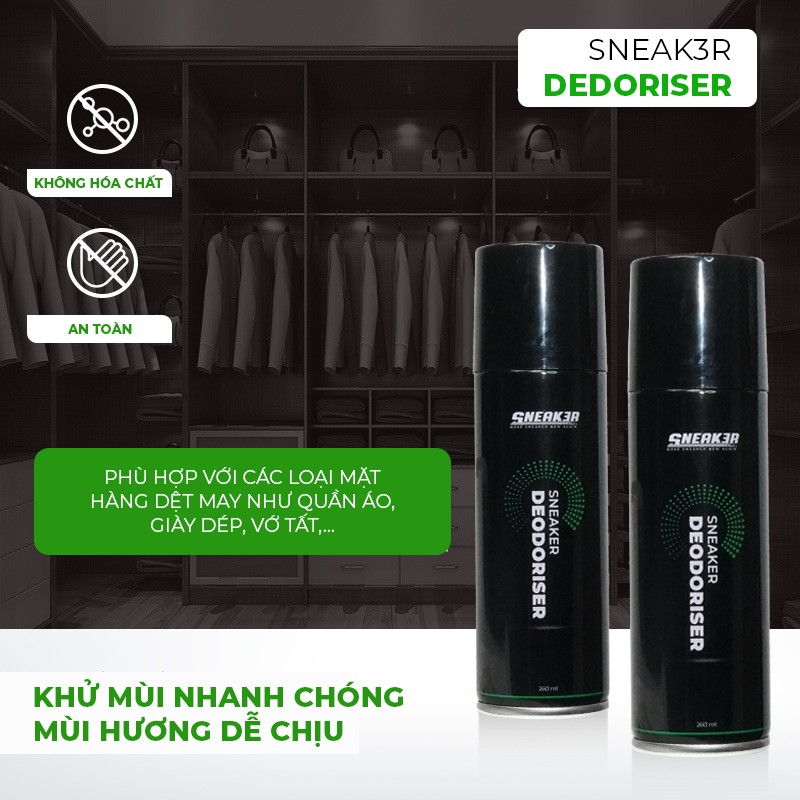 Xịt khử mùi giày Sneaker SNEAK3R  loại bỏ mùi hôi chân, ngăn ngừa mồ hôi, vi khuẩn công nghệ bạc AG+ tích 260ml