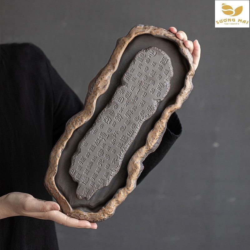 Khay trà đơn giản, dùng để thoát nước tự động - Gỗ Mun và đá đen